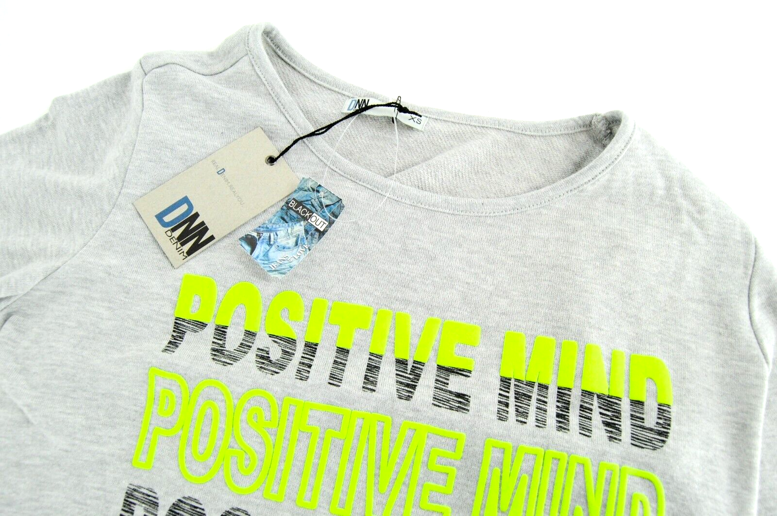 DNN moteriškas džemperis pilkas ilgomis rankovėmis su medvilniniu užrašu XS dydžio 