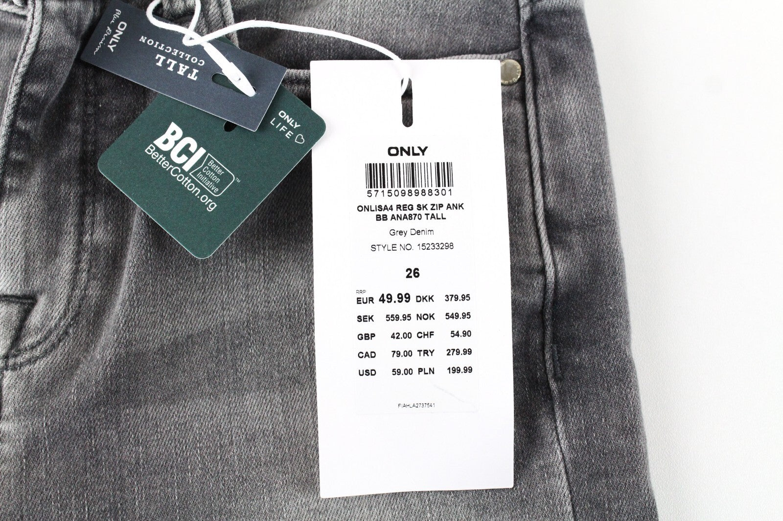 Only Isa Womens Jeans W26 Light Grey Skinny Regular  Stretch Ankle Length