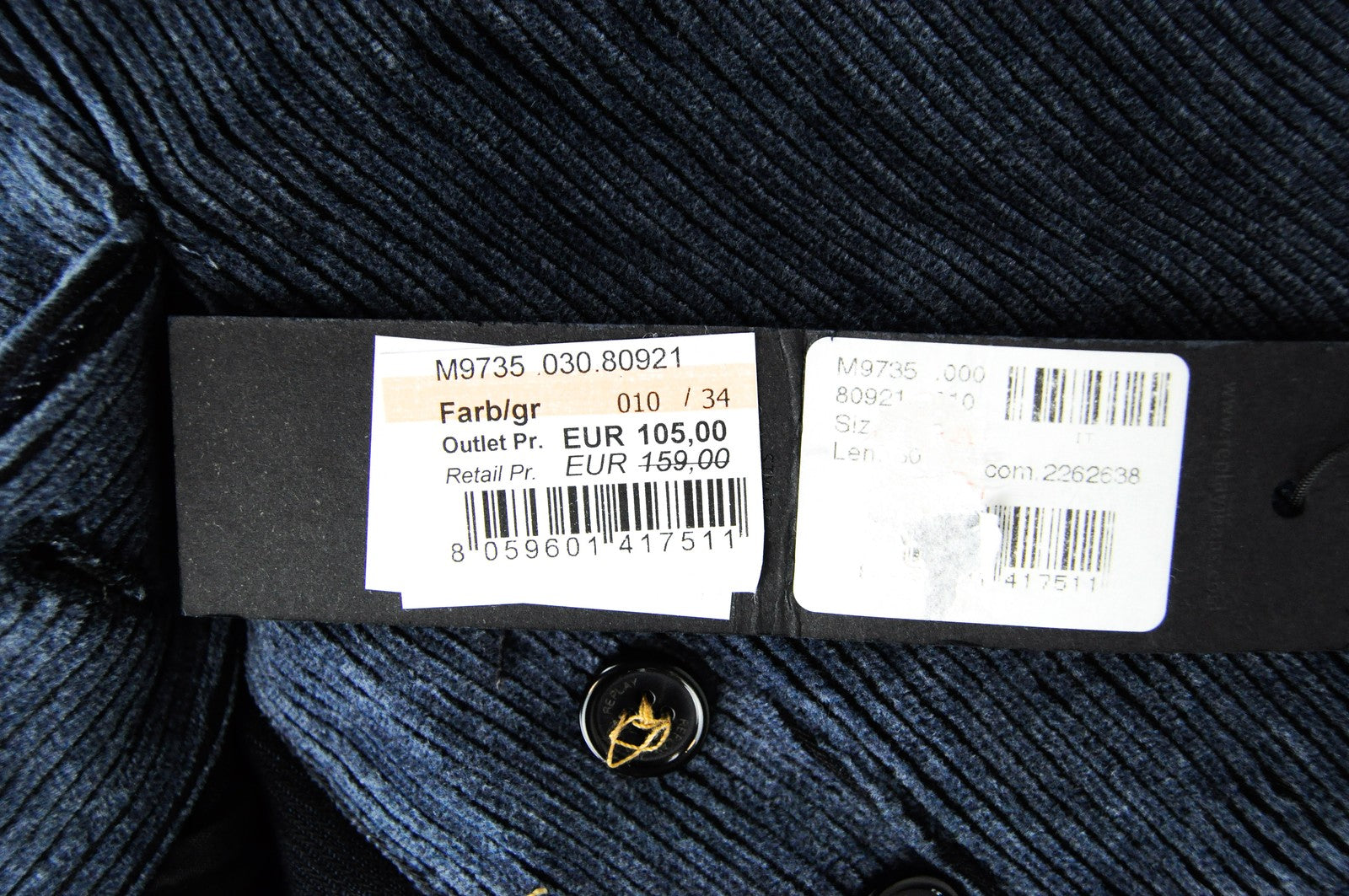 REPLAY Trousers Mens W34/L30 Blue Cotton Stretch Corduroy Regular