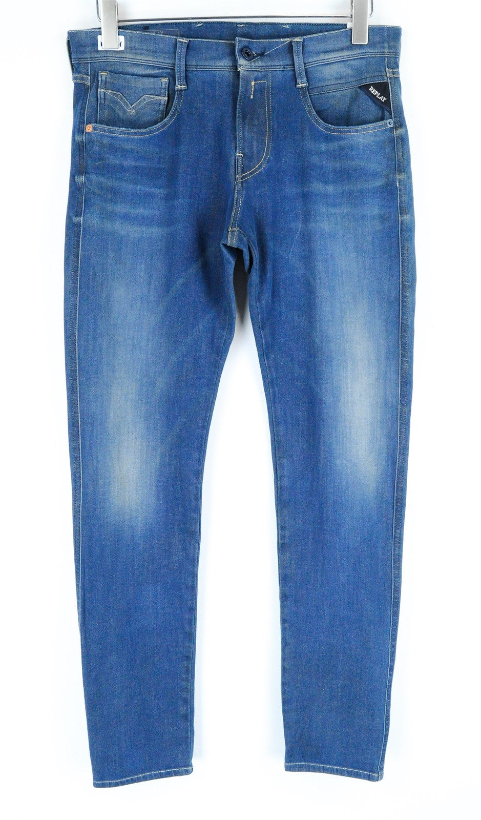 REPLAY Anbass vyriški ploni džinsai W30 L32 mėlyni, skalbtos tamprios medvilnės, 5 kišenės 