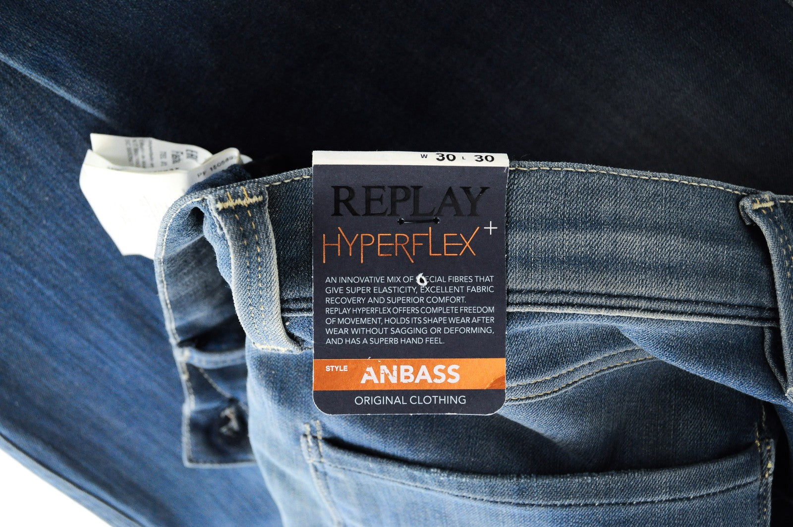 REPLAY Anbass vyriški ploni džinsai W30 L32 mėlyni, skalbtos tamprios medvilnės, 5 kišenės 