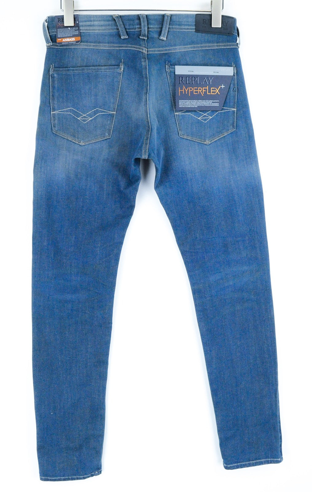 REPLAY Anbass vyriški ploni džinsai W30 L32 mėlyni, skalbtos tamprios medvilnės, 5 kišenės 
