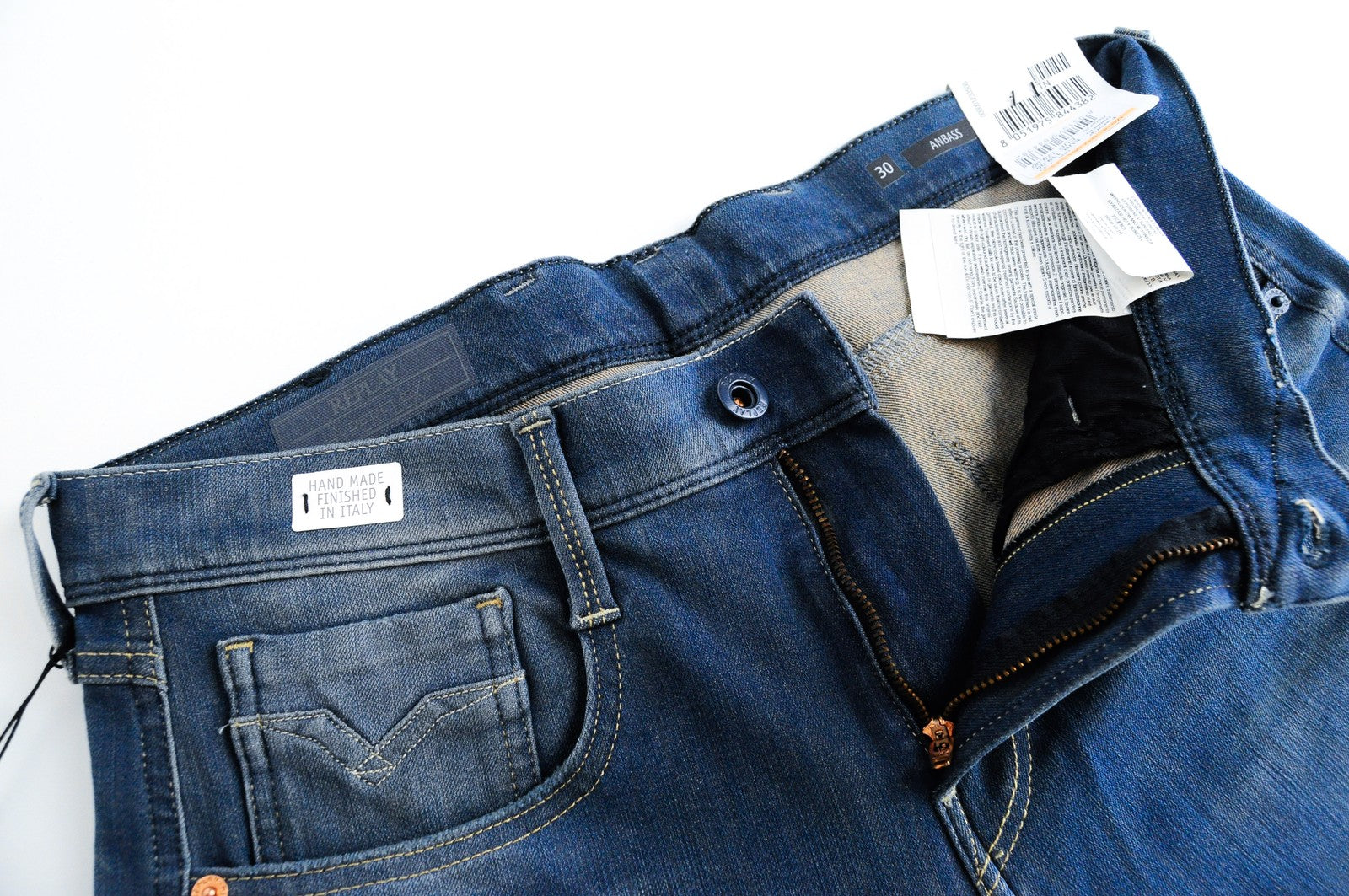 REPLAY Anbass vyriški ploni džinsai W30 L32 mėlyni, skalbtos tamprios medvilnės, 5 kišenės 