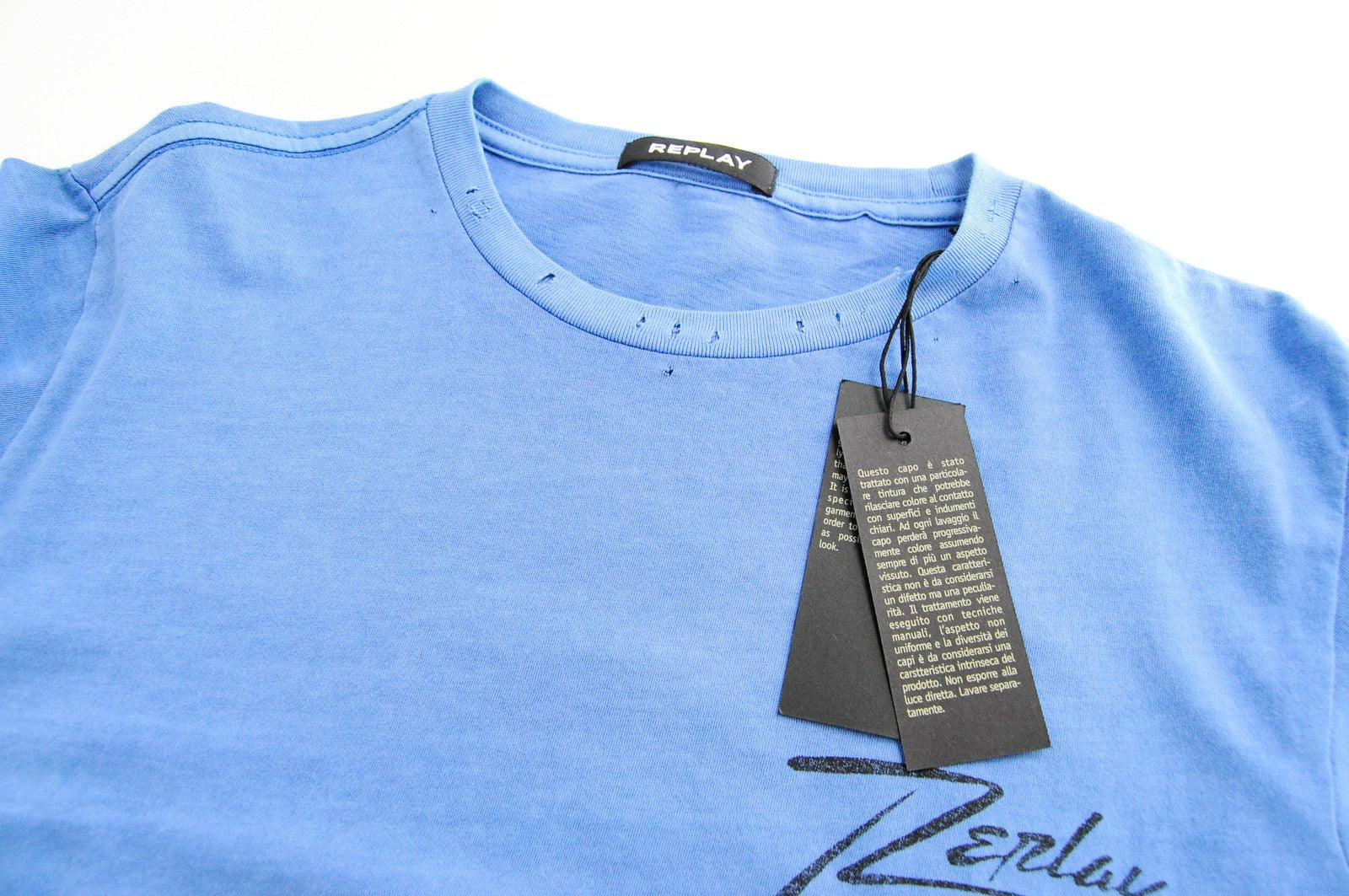 REPLAY vyriški marškinėliai M su trumpomis rankovėmis ir medvilniniais marškinėliais, mėlyni, apvaliu kaklu ir raštu 