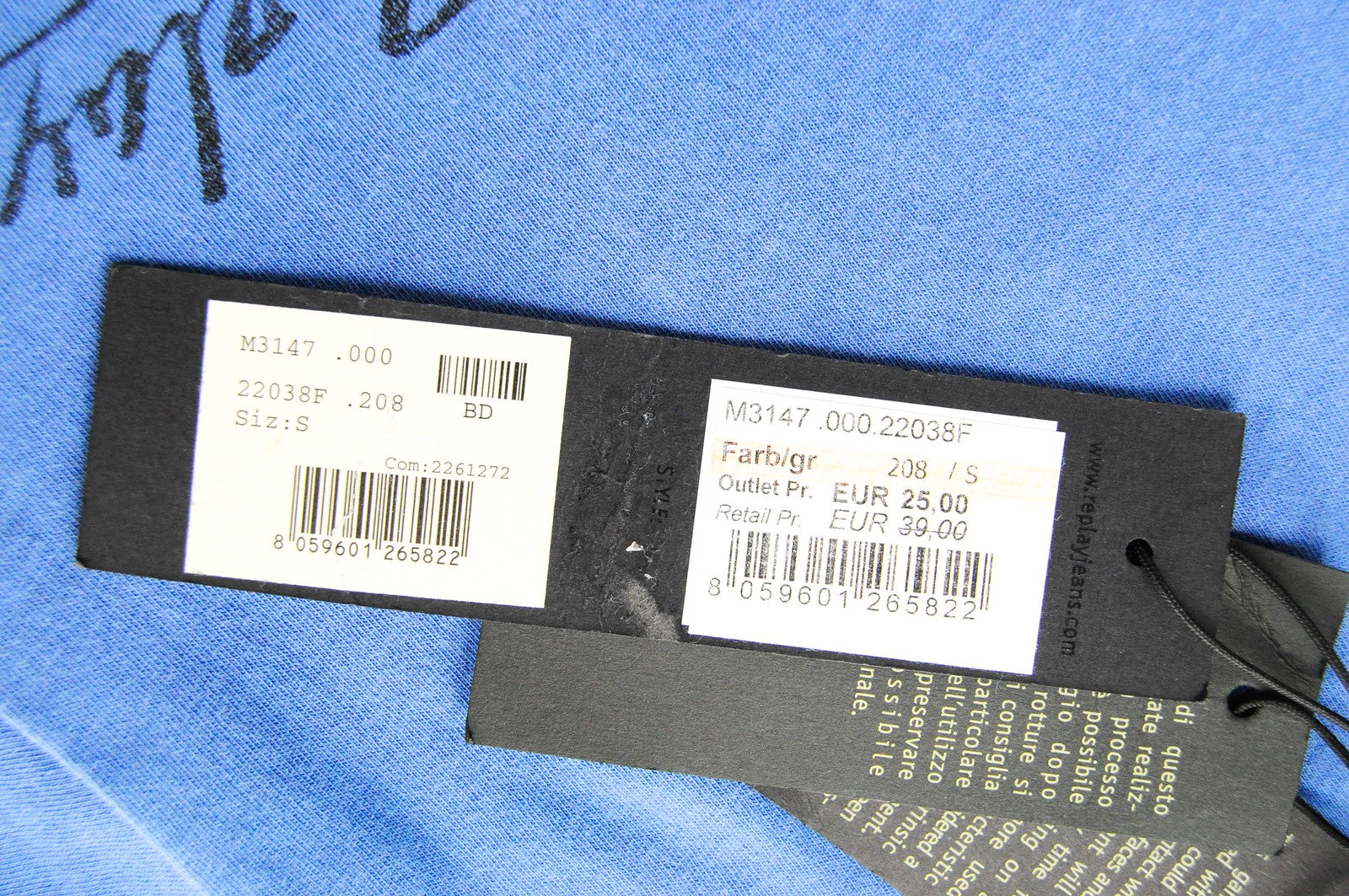 REPLAY vyriški marškinėliai S dydžio trumpomis rankovėmis, mėlyni medvilniniai plėšyti megztiniai 