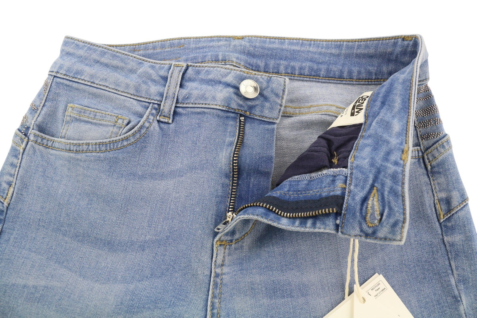 LIU JO Divine Women Jeans W28 Blue Skinny Fit Washed Rhinestone Unfinished Hems