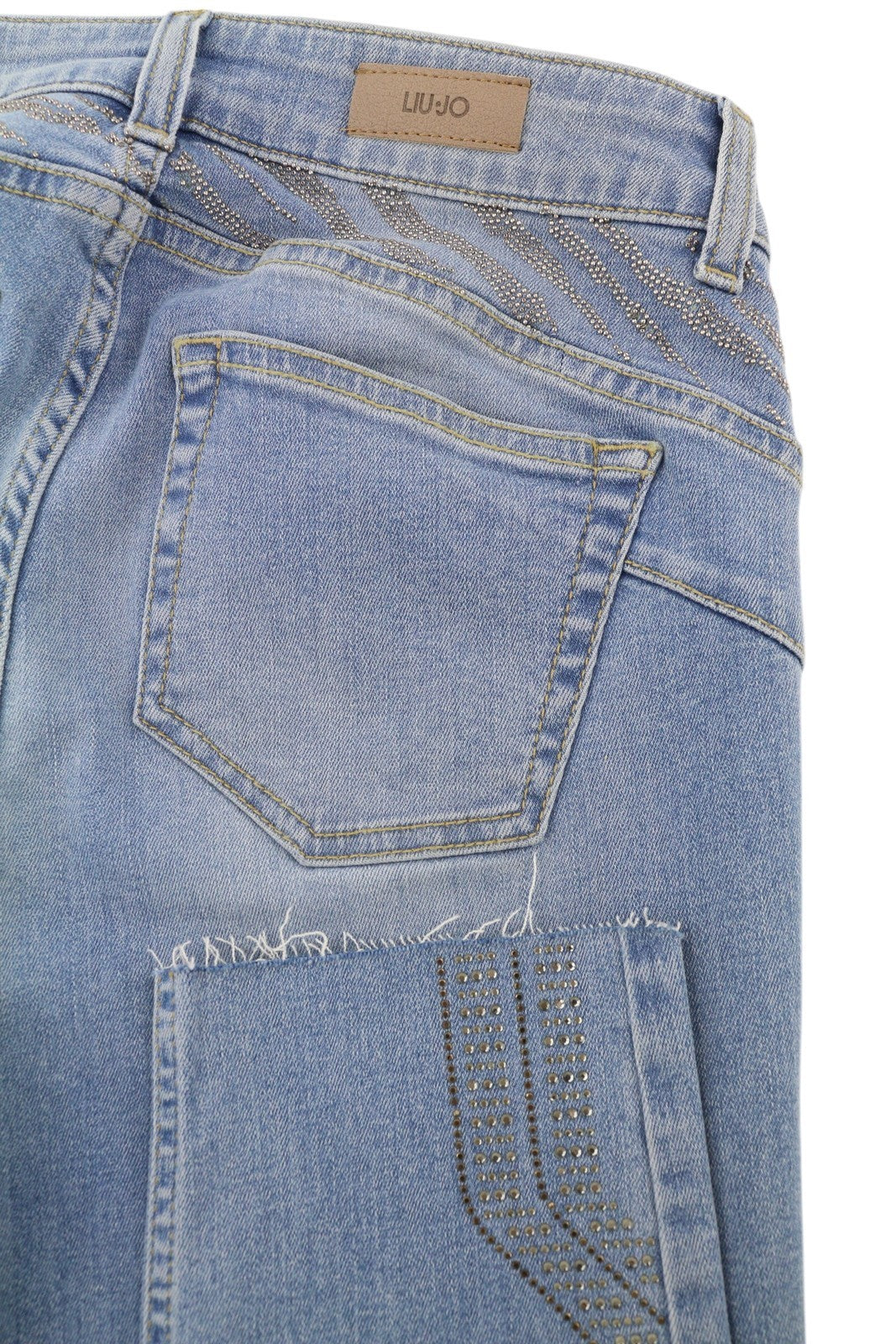 LIU JO Divine Women Jeans W28 Blue Skinny Fit Washed Rhinestone Unfinished Hems