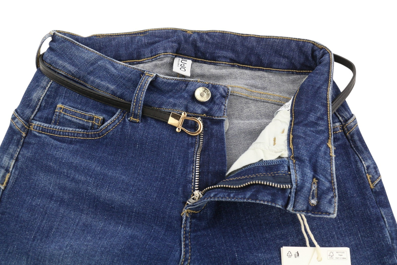 LIU JO Women Jeans W28 Denim Blue Fade Effect Skinny Fit Belted Unfinished Hems