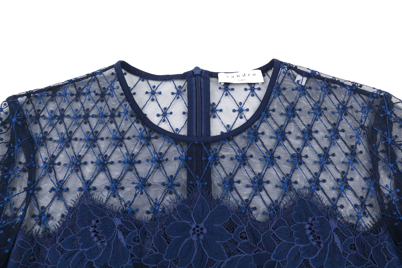 SANDRO moteriška suknelė 40 tamsiai mėlyna ilgomis rankovėmis, pamušalu, suvarstoma nugara, užtrauktuku. 