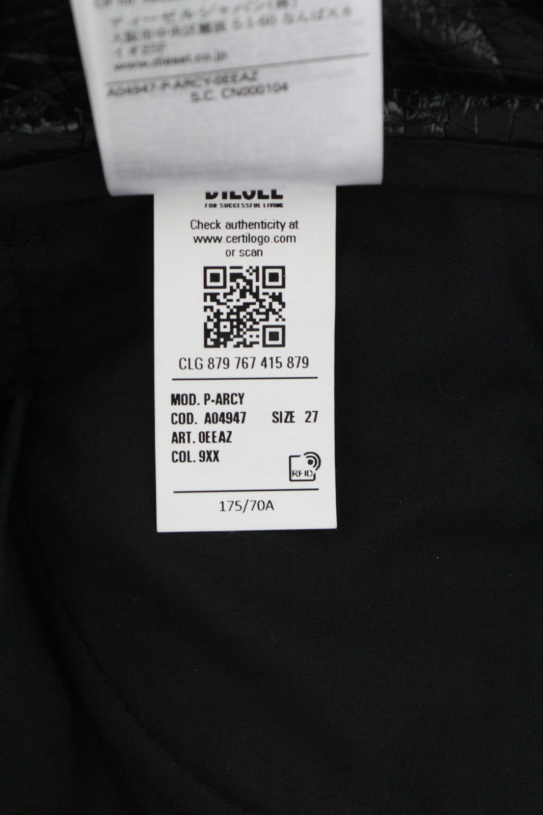 DIESEL P-Arcy moteriškos kelnės W27 juodos, dengtos, plonos, su blizgančiu užtrauktuku, RRP 225 € 