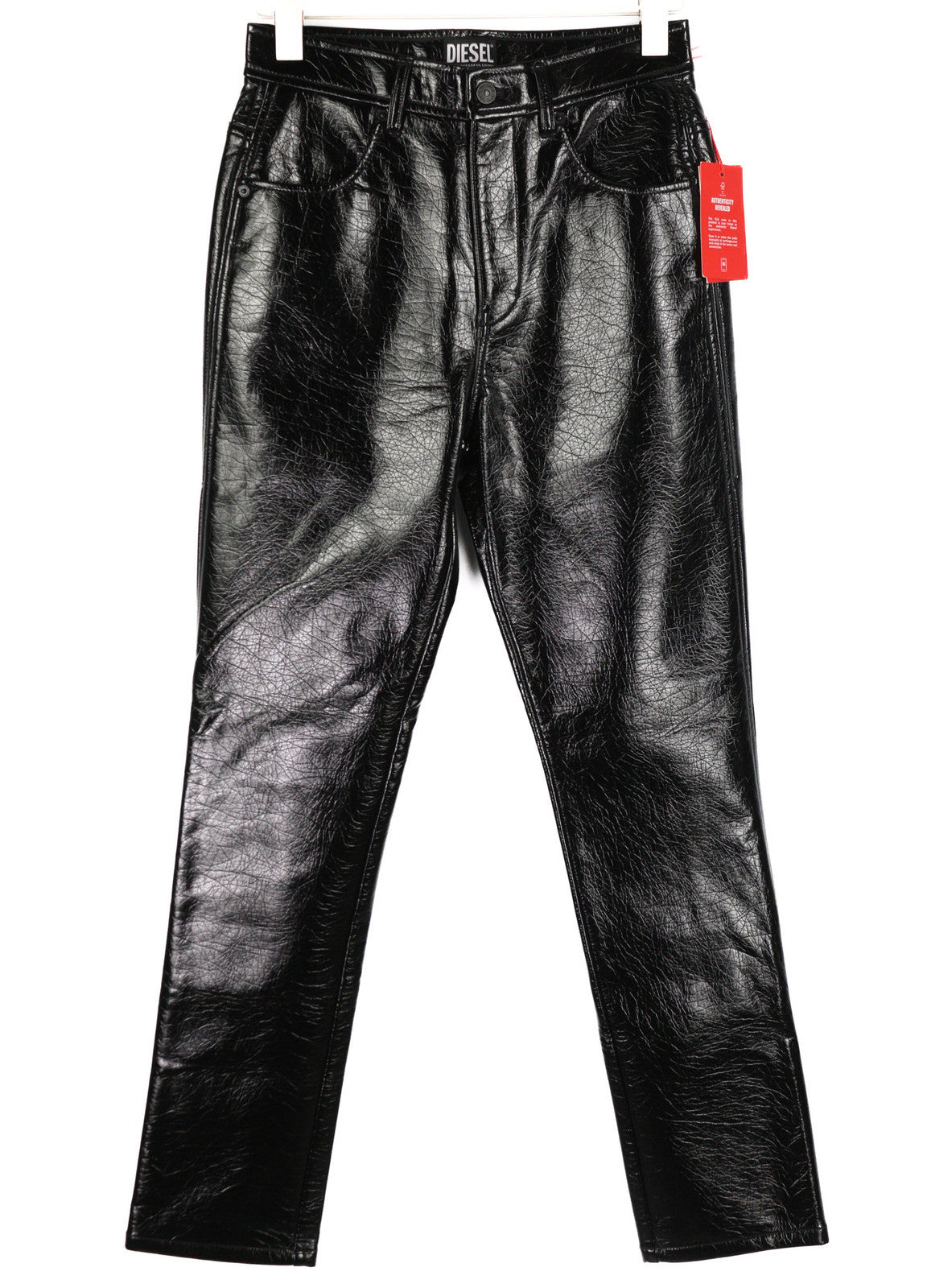 DIESEL P-Arcy moteriškos kelnės W27 juodos, dengtos, plonos, su blizgančiu užtrauktuku, RRP 225 € 