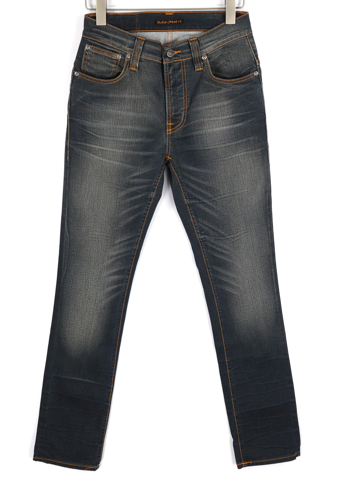 NUDIE JEANS ploni Finn vyriški džinsai W30/L32 pilki autentiški užtrauktukai su skalbtu tamsiu logotipu 