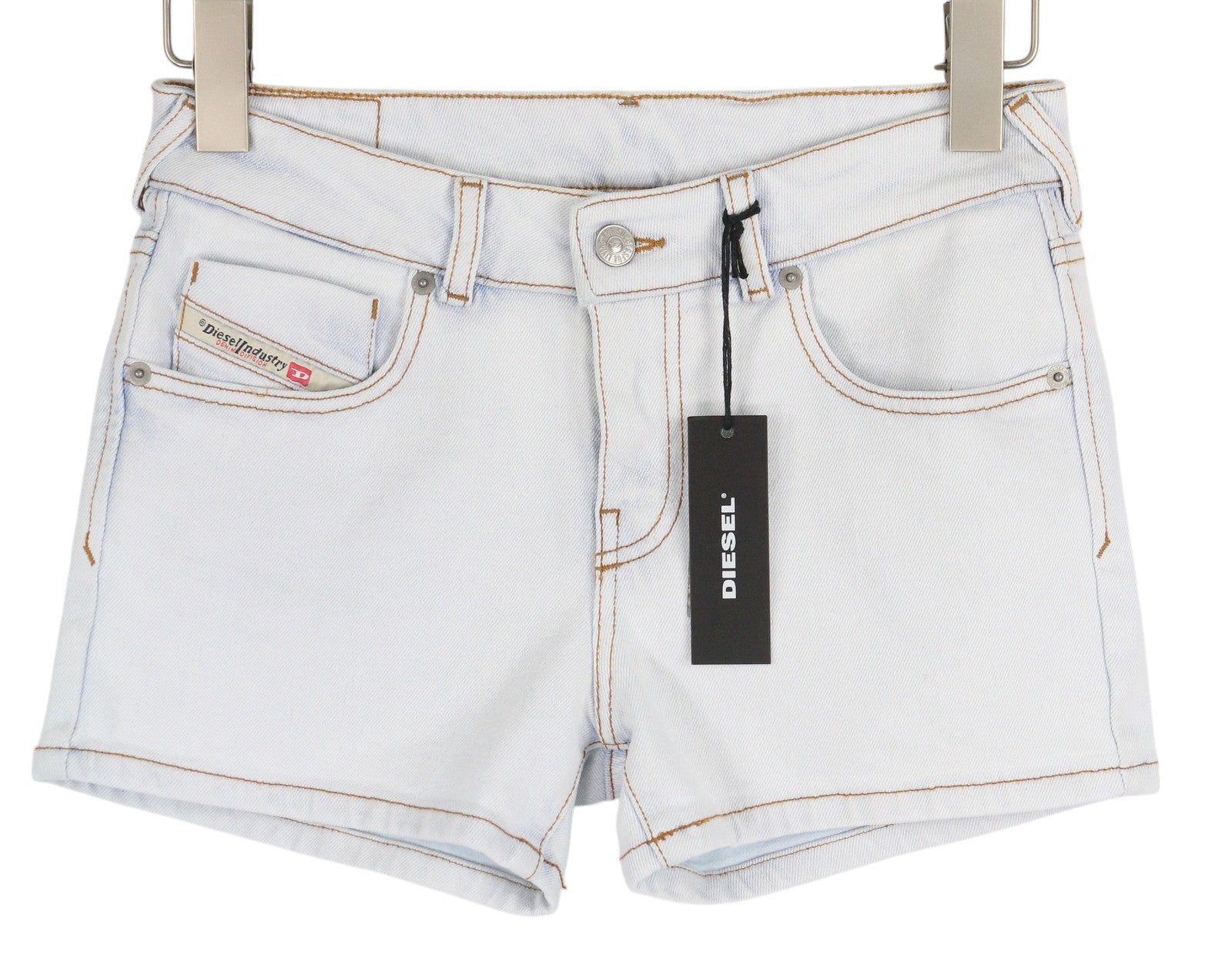 DIESEL De-Lyla 09C06 moteriški šortai W26 šviesiai mėlyni džinsiniai šortai su užtrauktuku ir logotipu, laisvalaikio stiliaus. 