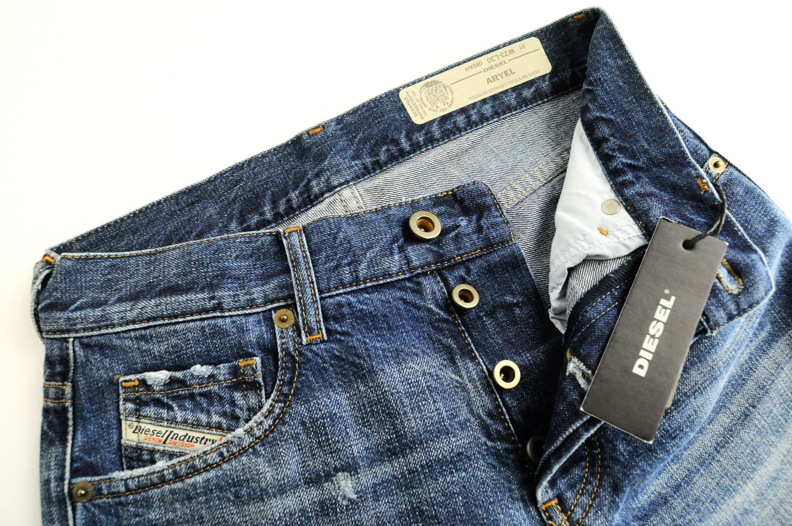 DIESEL Aryel 080AH moteriški džinsai W23 L30 plėšyti mėlyni sendinto audinio tiesūs 