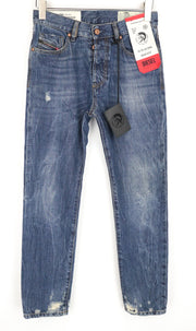 DIESEL Mharky 080AG W27 L30 mėlyni plėšyti ploni vyriški džinsai be tamprių kirpimų 