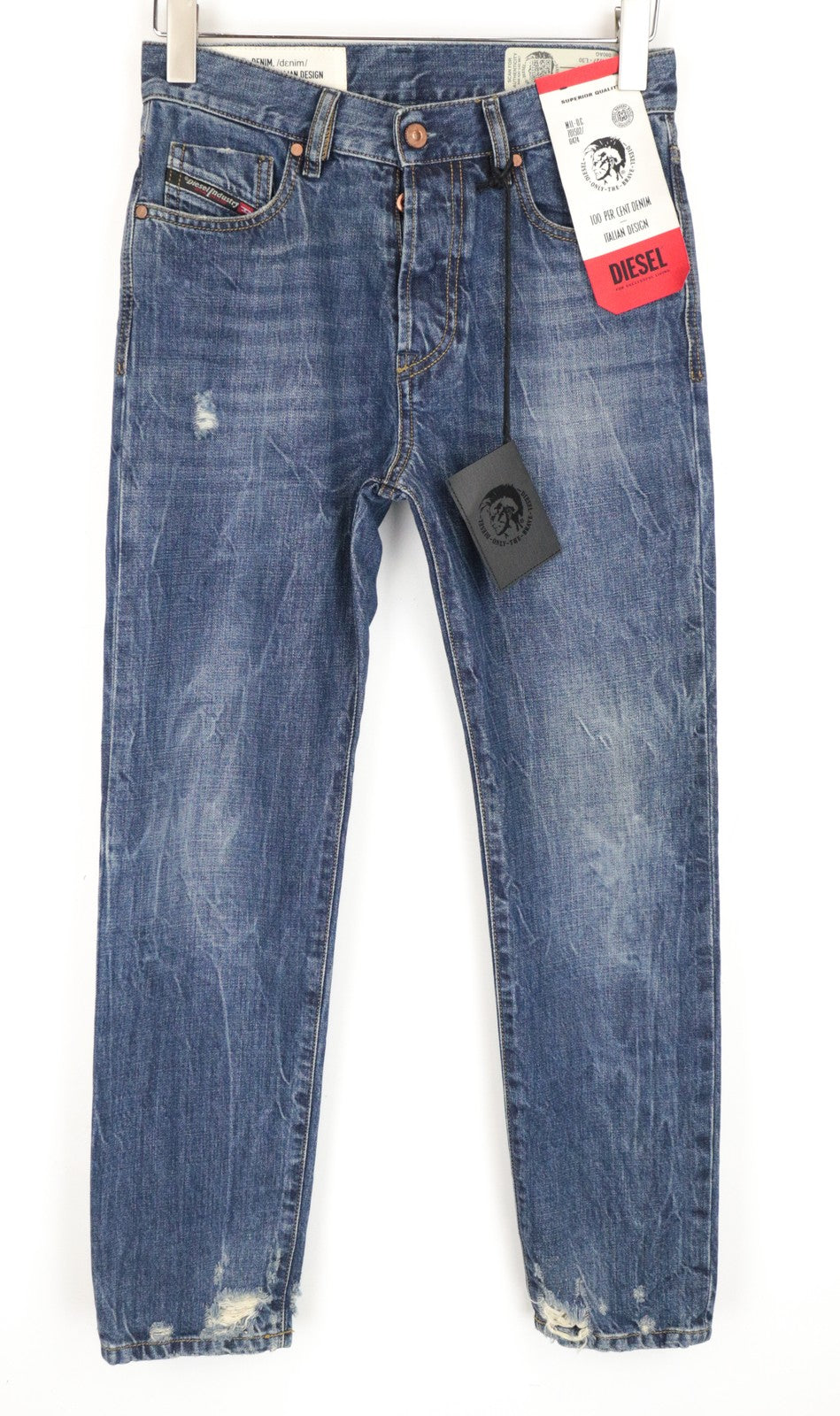 DIESEL Mharky 080AG W27 L30 mėlyni plėšyti ploni vyriški džinsai be tamprių kirpimų 
