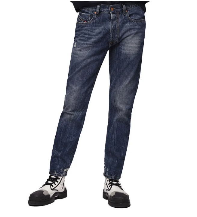 DIESEL Mharky 080AG W27 L30 mėlyni plėšyti ploni vyriški džinsai be tamprių kirpimų 