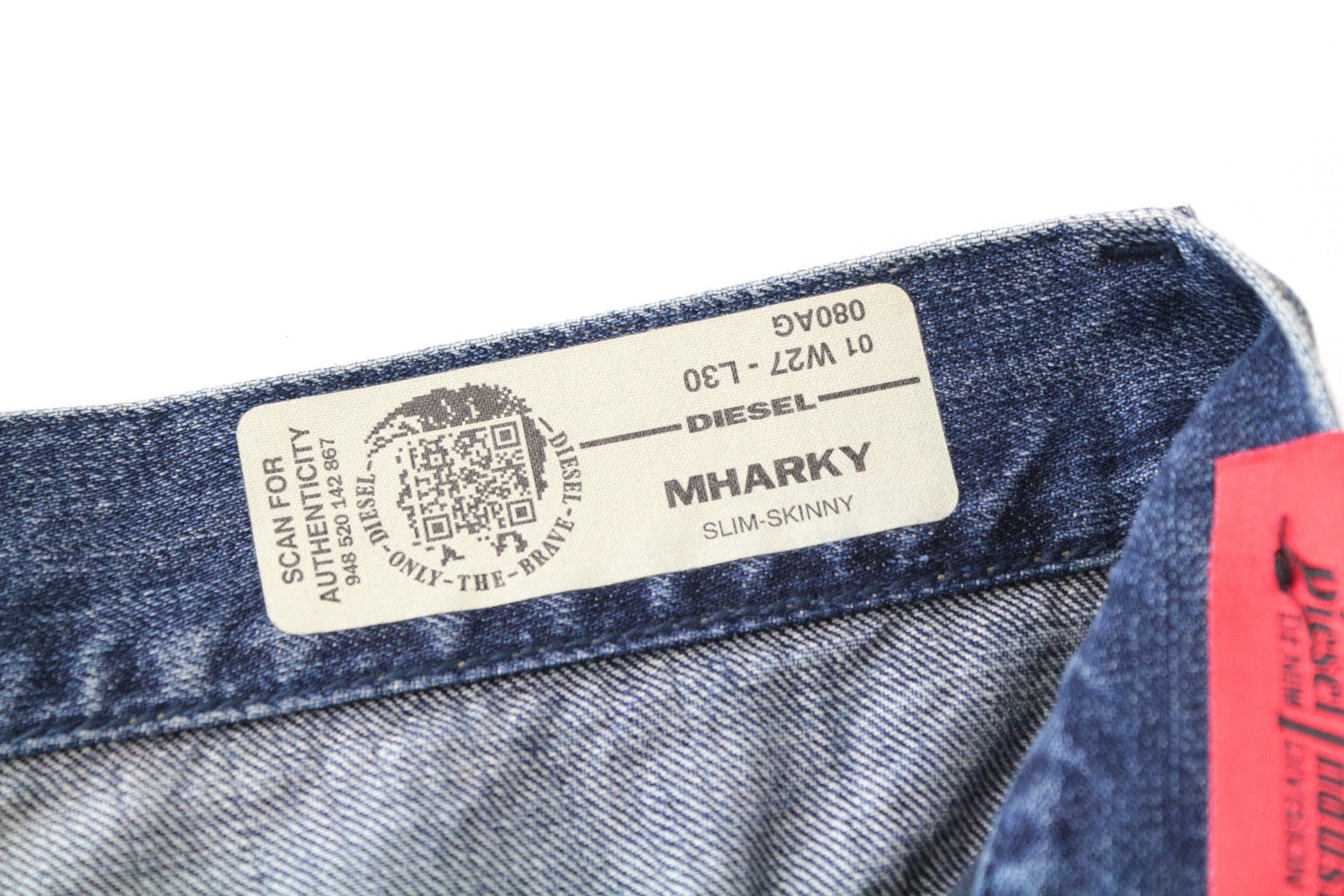 DIESEL Mharky 080AG W27 L30 mėlyni plėšyti ploni vyriški džinsai be tamprių kirpimų 