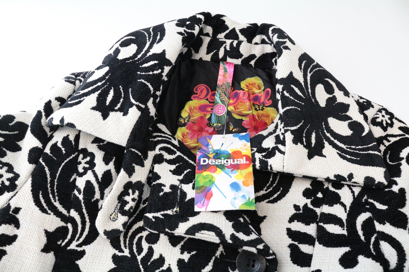 DESIGUAL EU38 Damask Jacquard moteriškas baltas dizainerio paltas, dviejų spalvų 