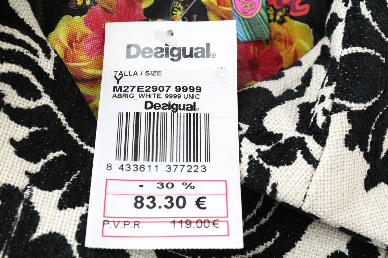 DESIGUAL EU38 Damask Jacquard moteriškas baltas dizainerio paltas, dviejų spalvų 