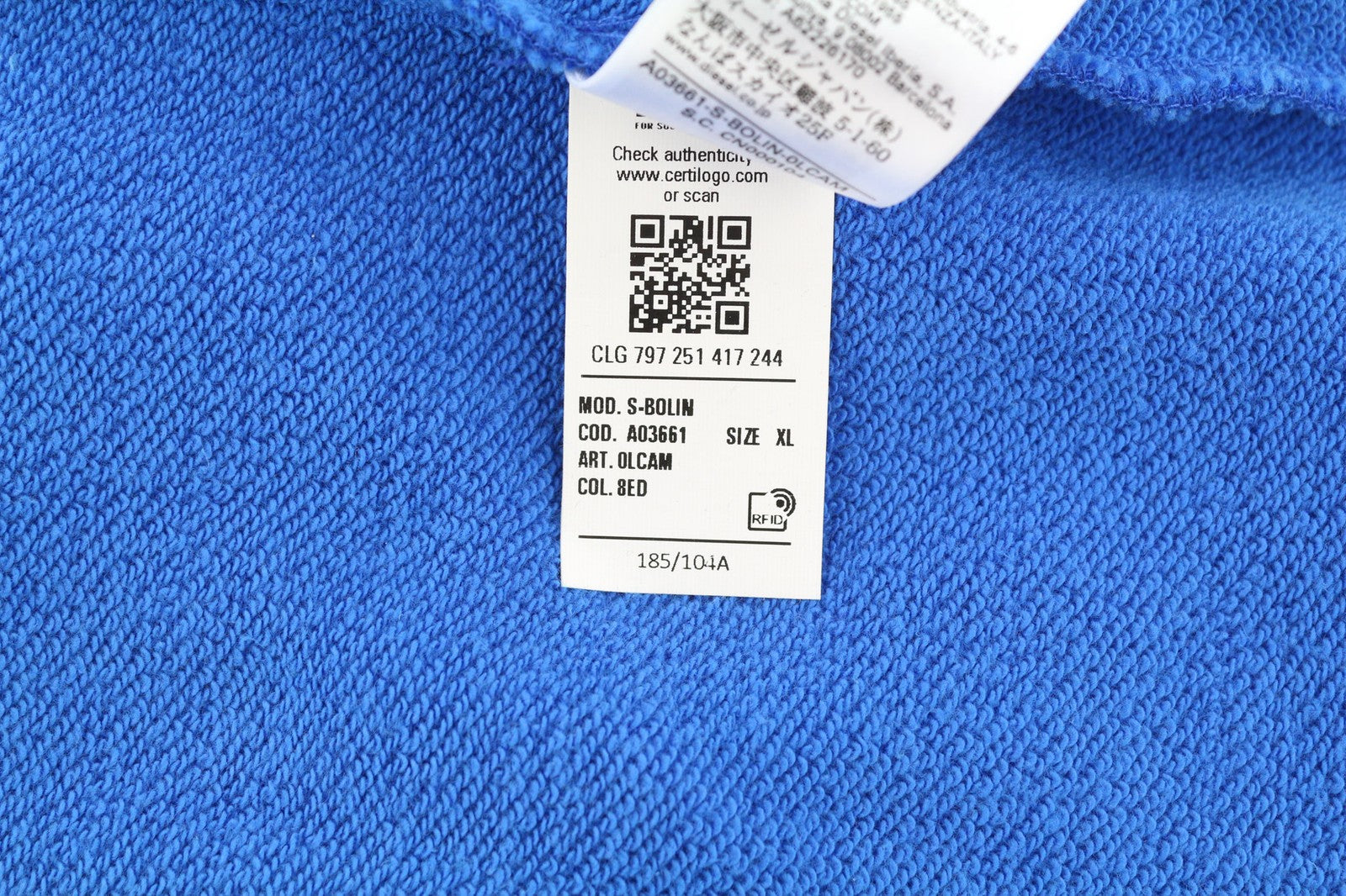 DIESEL S-Bolin vyriškas džemperis su trumpomis rankovėmis, XL dydžio, mėlynas, su spaudėmis, rekomenduojama kaina – 175 € 