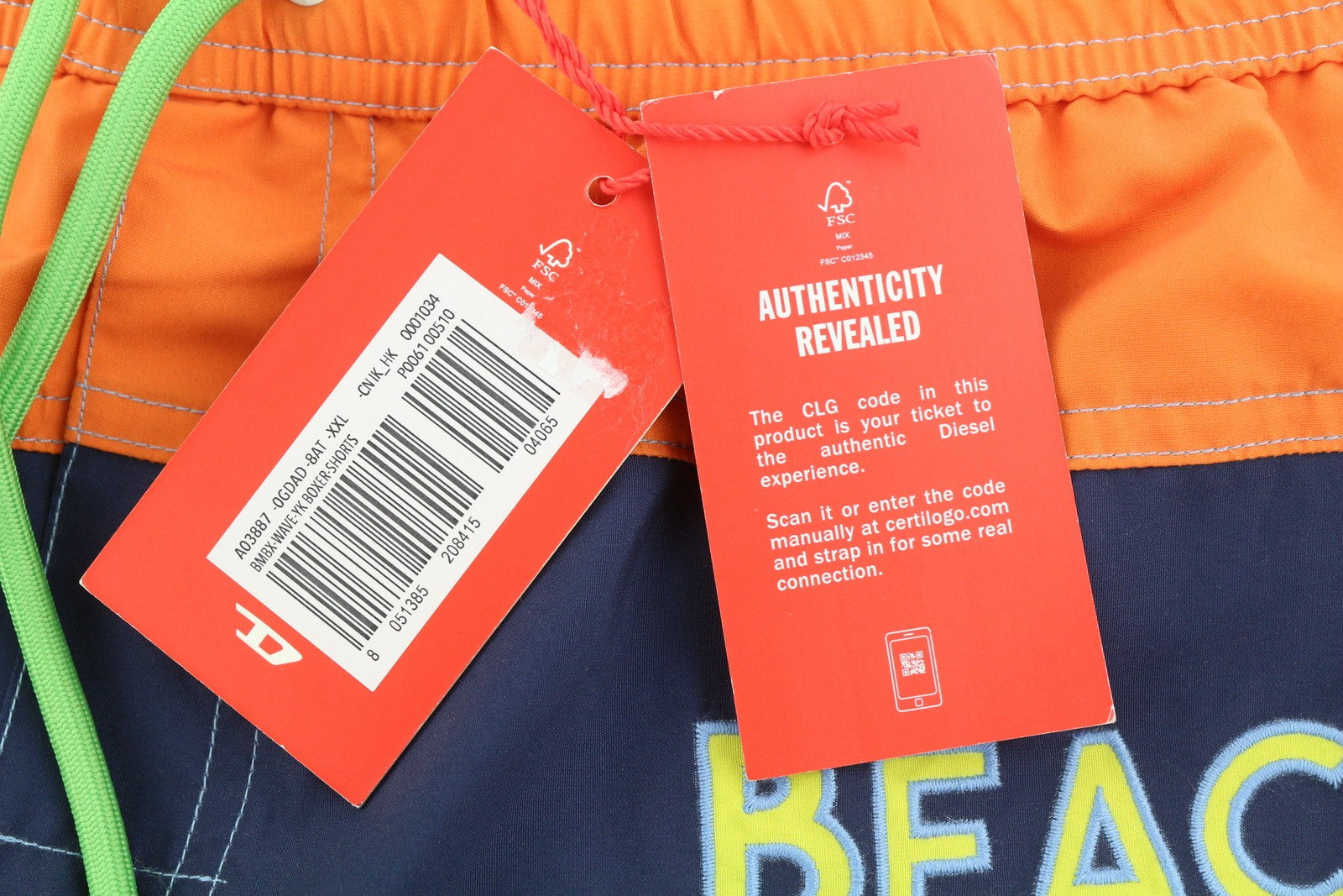 DIESEL Bmbx-Wave-Yk Men Swimwear 2XL Mesh Lined Drawstrings Waist Swimpool Beach