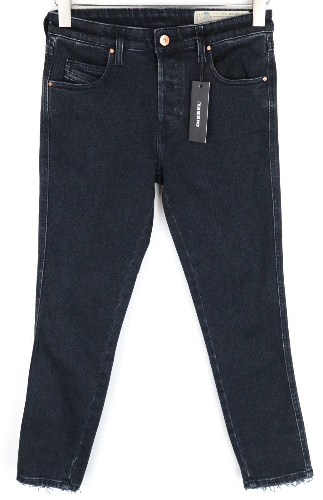 DIESEL Babhila 084NX W26 L34 moteriškos mėlynos trumpintos džinsinės kelnės, plonos, aptemptos, medvilninės 