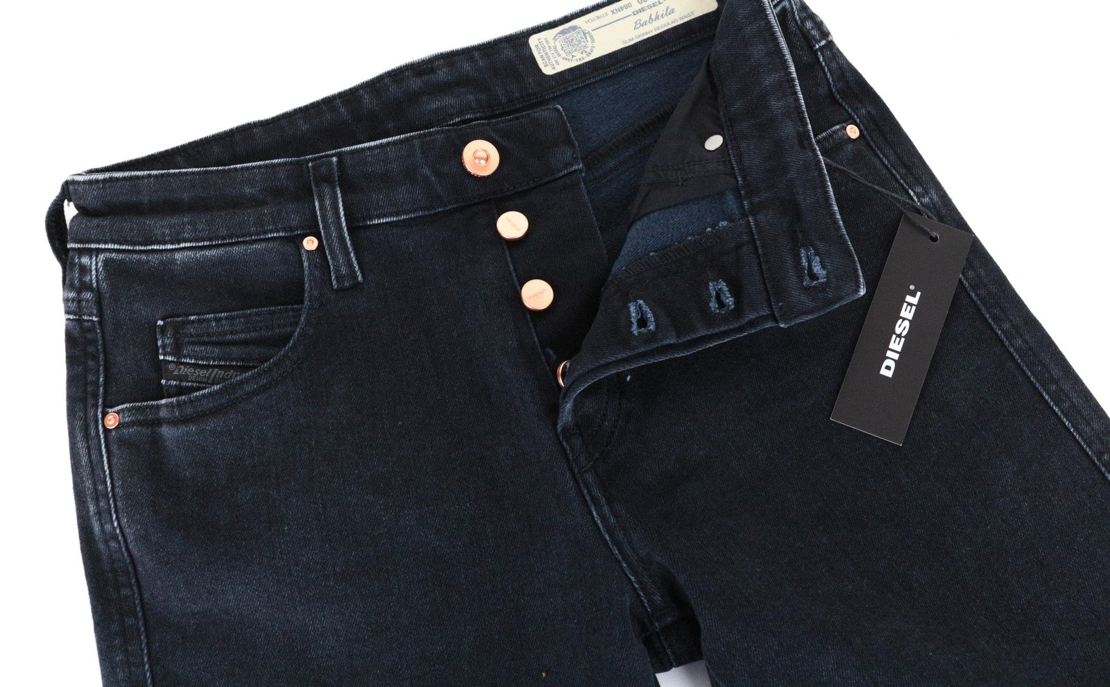 DIESEL Babhila 084NX W26 L34 moteriškos mėlynos trumpintos džinsinės kelnės, plonos, aptemptos, medvilninės 