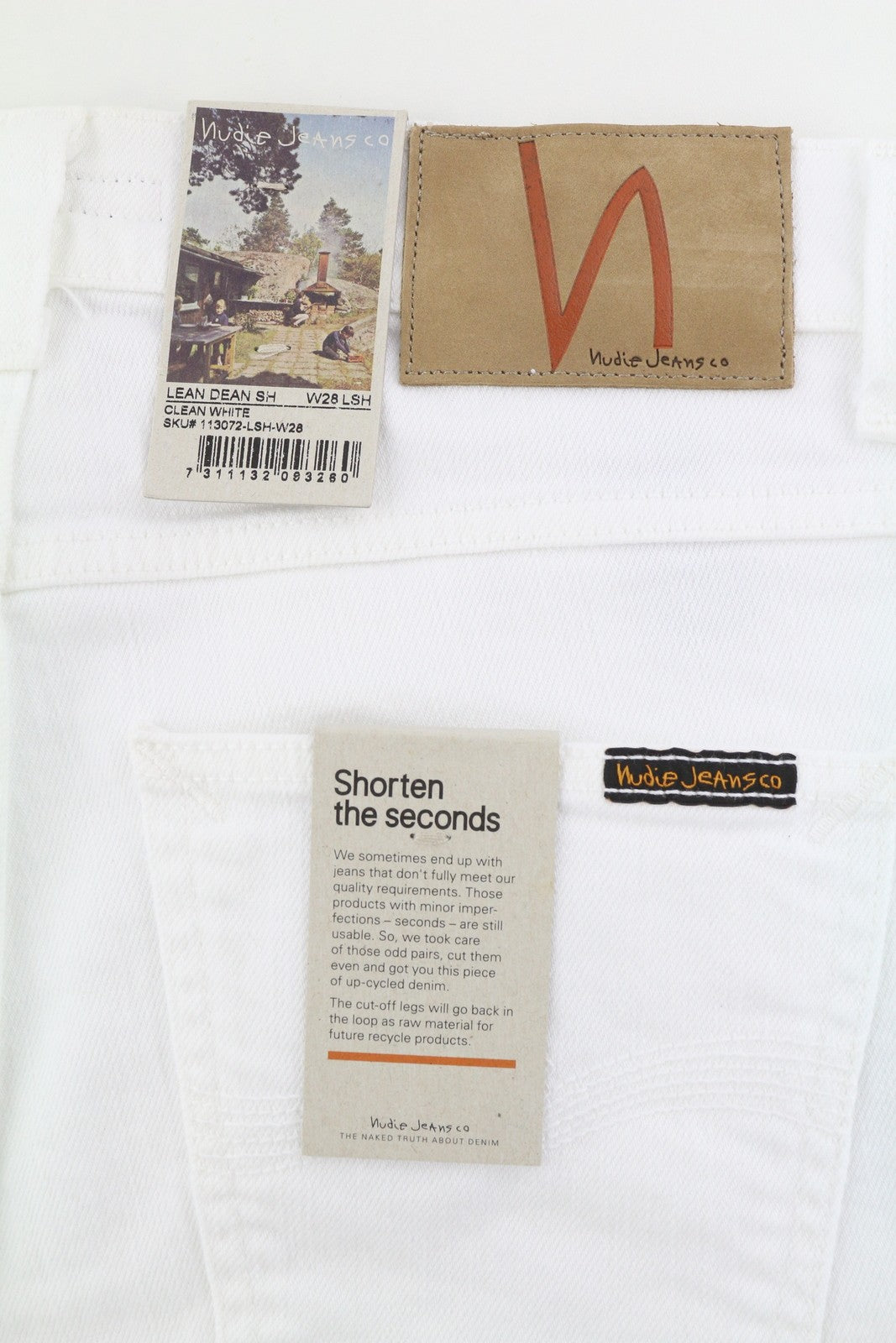 NUDIE JEANS Lean Dean Men Shorts W28 Denim White Zipper Cotton Turn-Up Pockets