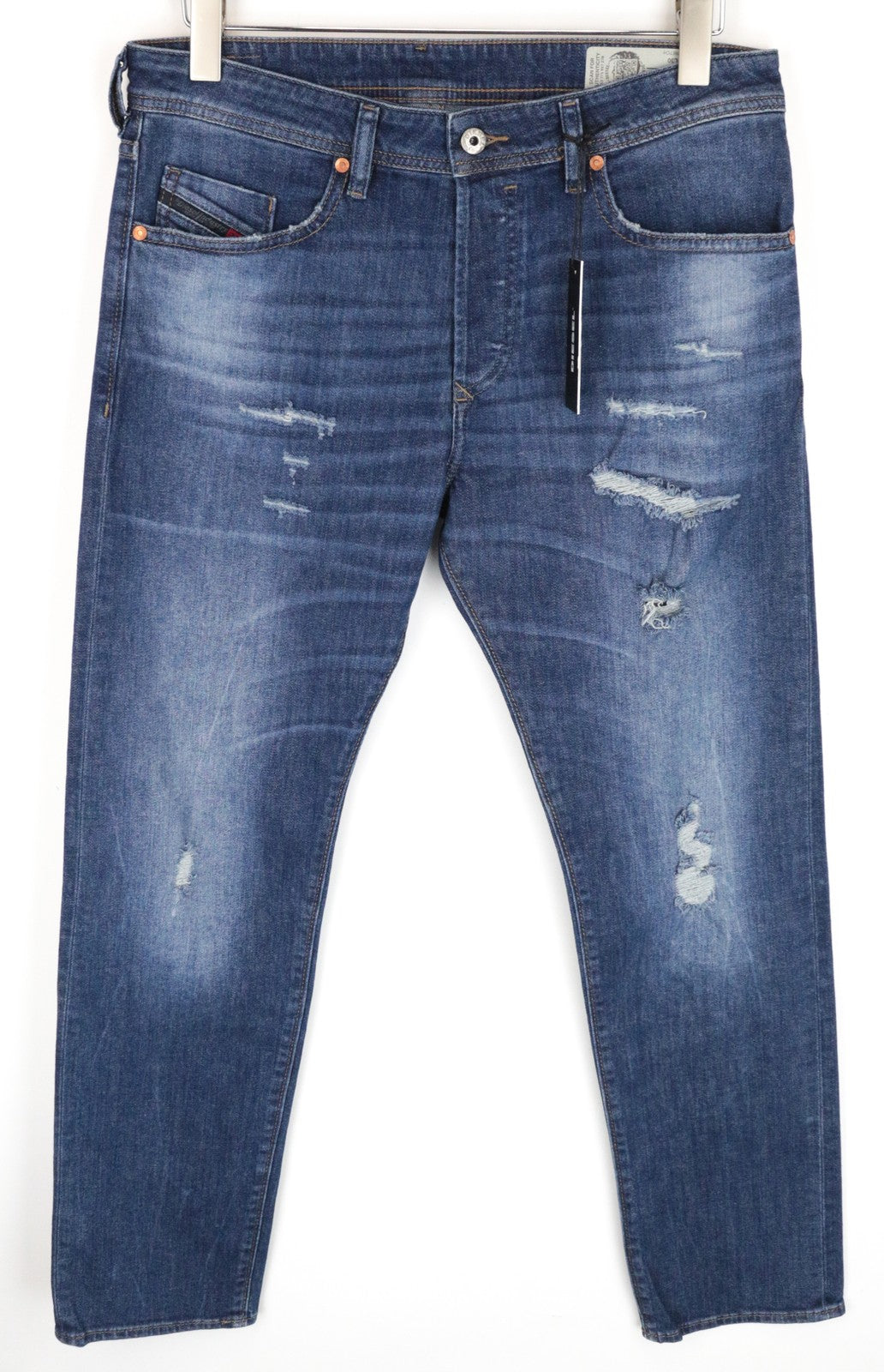 DIESEL Buster RCN01 W32 L30 vyriški plėšyti medvilniniai mėlyni ploni siaurėjantys džinsai 