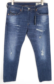 DIESEL Buster RCN01 W32 L30 vyriški plėšyti medvilniniai mėlyni ploni siaurėjantys džinsai 