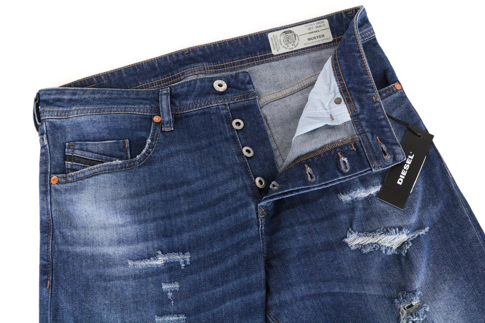 DIESEL Buster RCN01 W32 L30 vyriški plėšyti medvilniniai mėlyni ploni siaurėjantys džinsai 