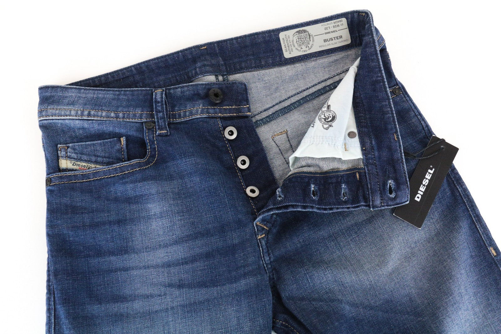 DIESEL Buster 084GR W28 L32 vyriški siaurėjantys mėlyni tamprūs medvilniniai džinsai 