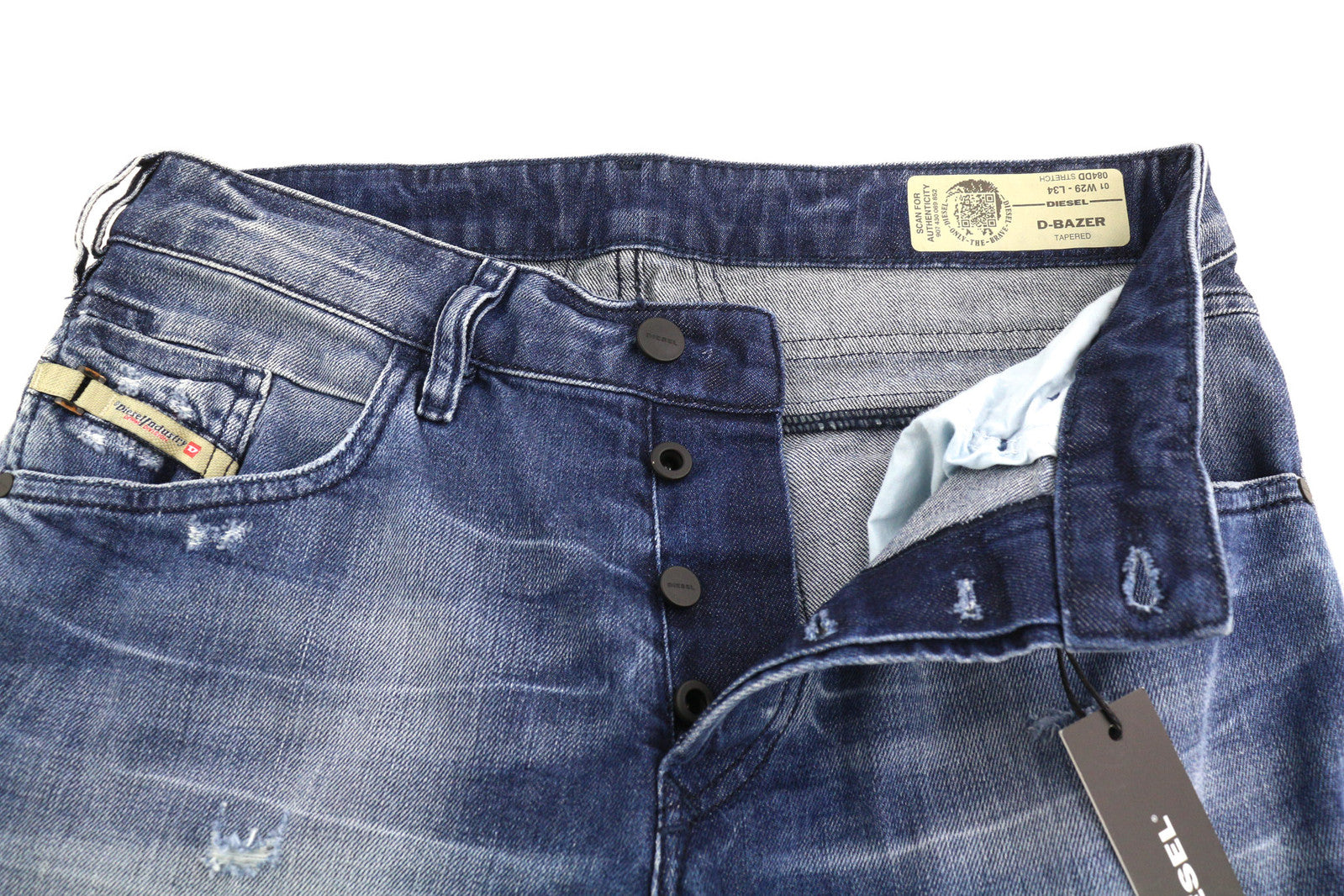 DIESEL D-Bazer 084DD vyriški džinsai W29/L34 siaurėjantys, tamprūs, plėšyti, skalbti džinsai su logotipu 
