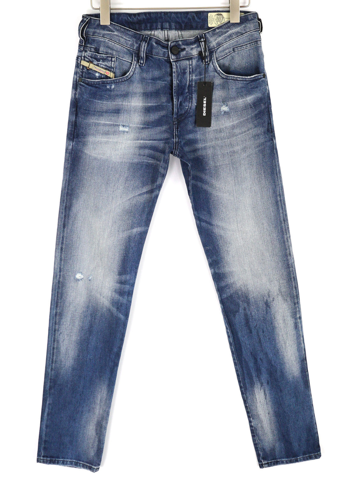 DIESEL D-Bazer 084DD vyriški džinsai W29/L34 siaurėjantys, tamprūs, plėšyti, skalbti, mėlyni. 