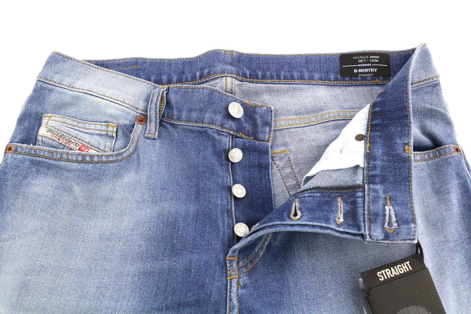 DIESEL D-Mihtry 009NF vyriški džinsai W31/L30 tiesūs, tamprūs, su sagomis, skalbti džinsai 
