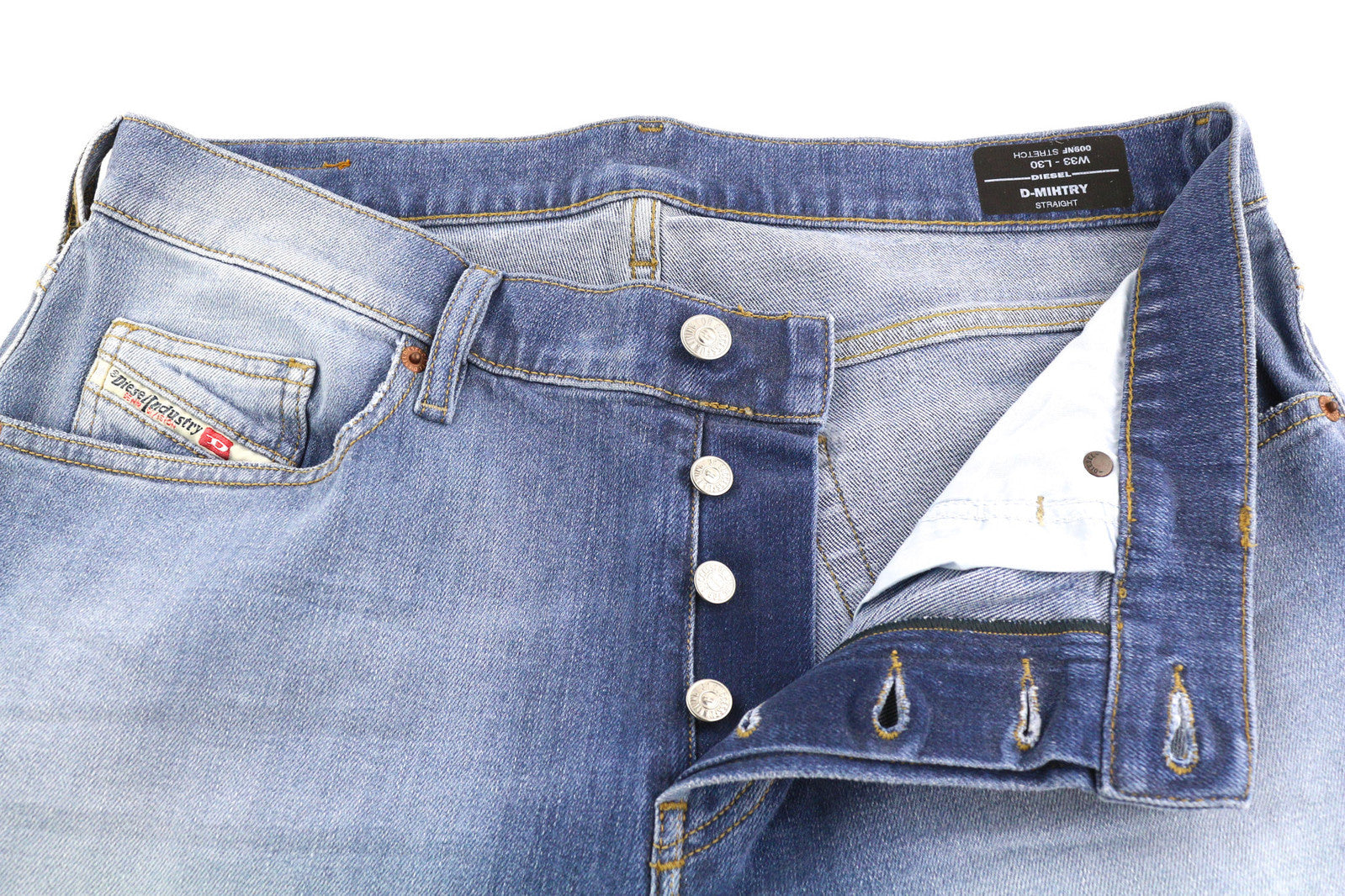 DIESEL D-Mihtry 009NF vyriški džinsai W33/L30 tiesūs, tamprūs, su sagomis, skalbti džinsai 