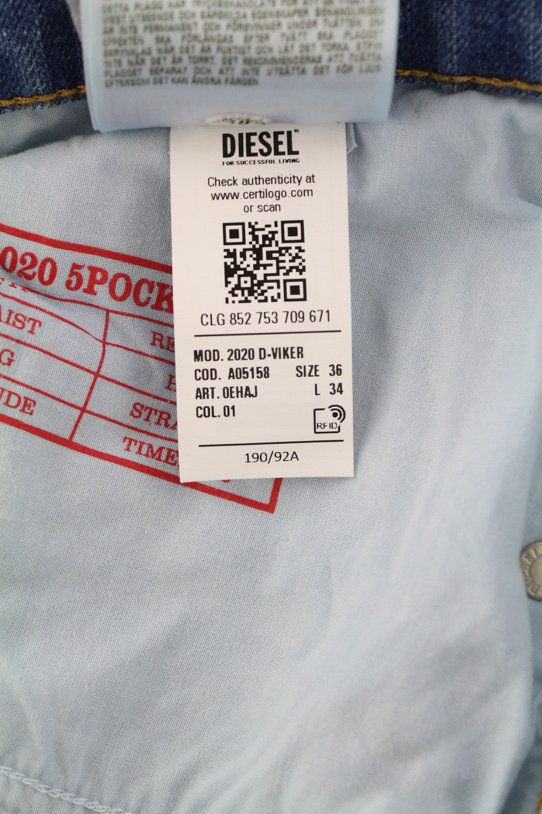 DIESEL 2020 D-Viker REHAJ vyriški džinsai W36/L34 įprasti vidutinio juosmens tiesūs klešniai mėlyni 