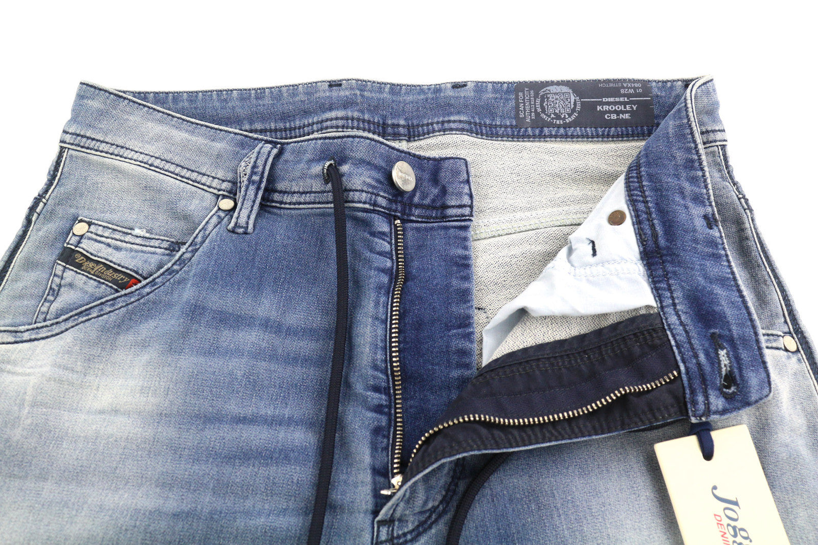 DIESEL Krooley CB-NE 084XA vyriški džinsai W28 Jogg tamprūs, plėšyti, skalbti mėlyni, RRP 210 € 