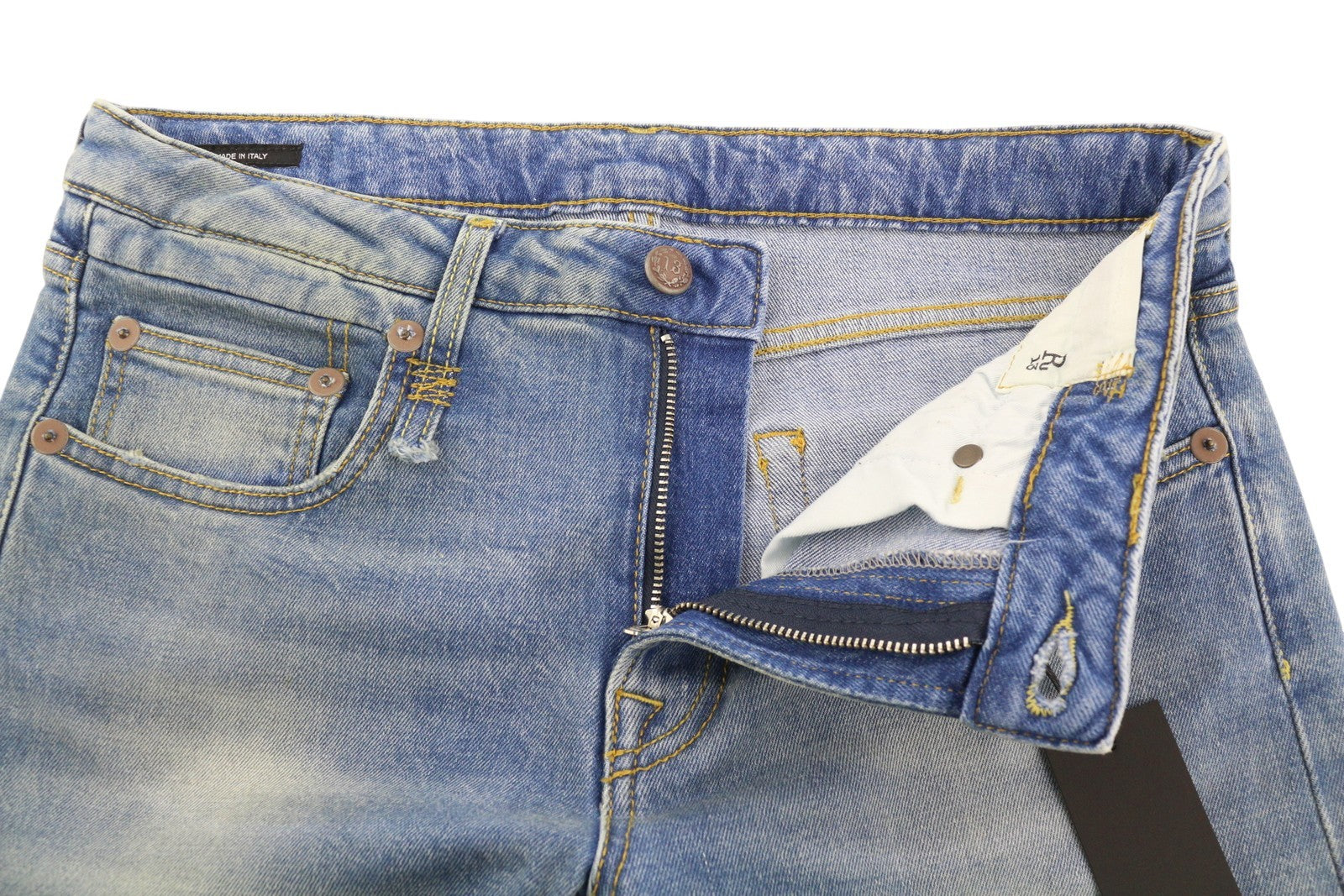 R13 berniukiški moteriški džinsai, 29 mėlyni, tamprūs, tiesaus kirpimo, su užtrauktuku. 