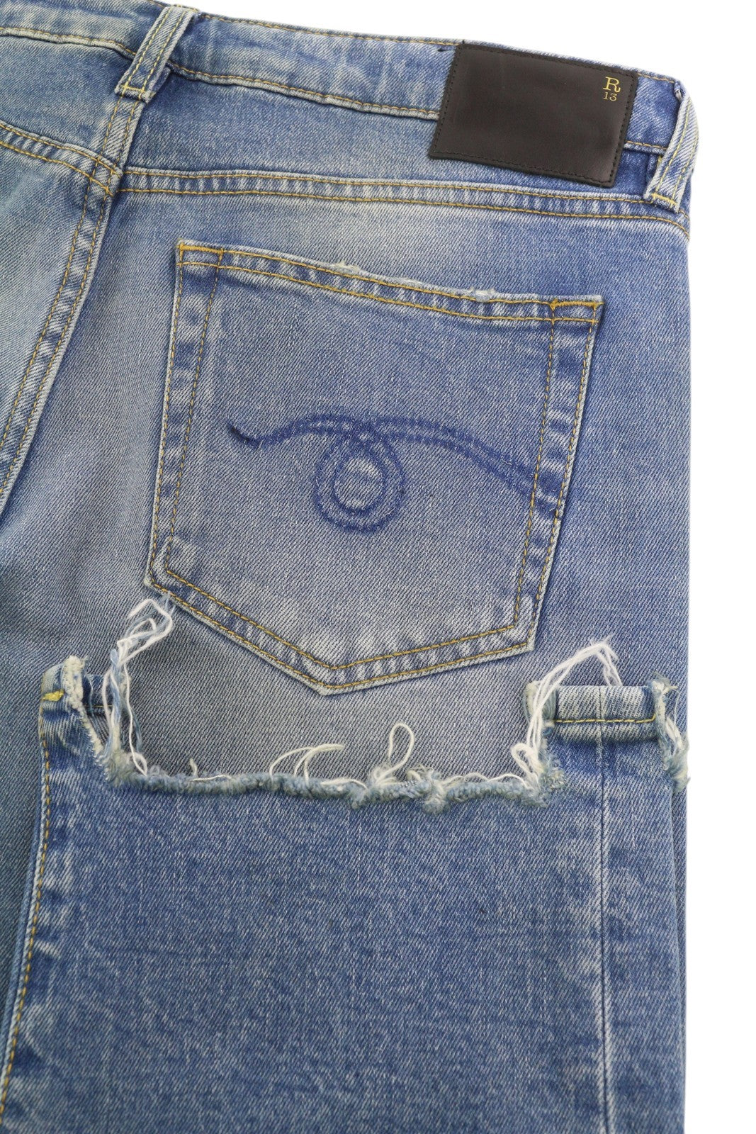 R13 berniukiški moteriški džinsai, 29 mėlyni, tamprūs, tiesaus kirpimo, su užtrauktuku. 