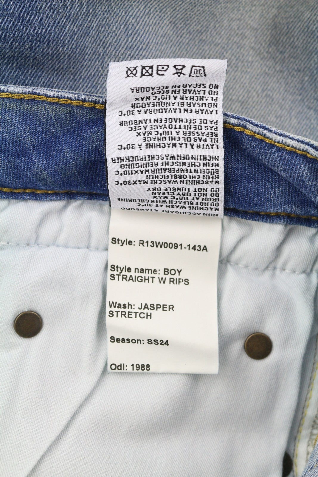 R13 berniukiški moteriški džinsai, 29 mėlyni, tamprūs, tiesaus kirpimo, su užtrauktuku. 