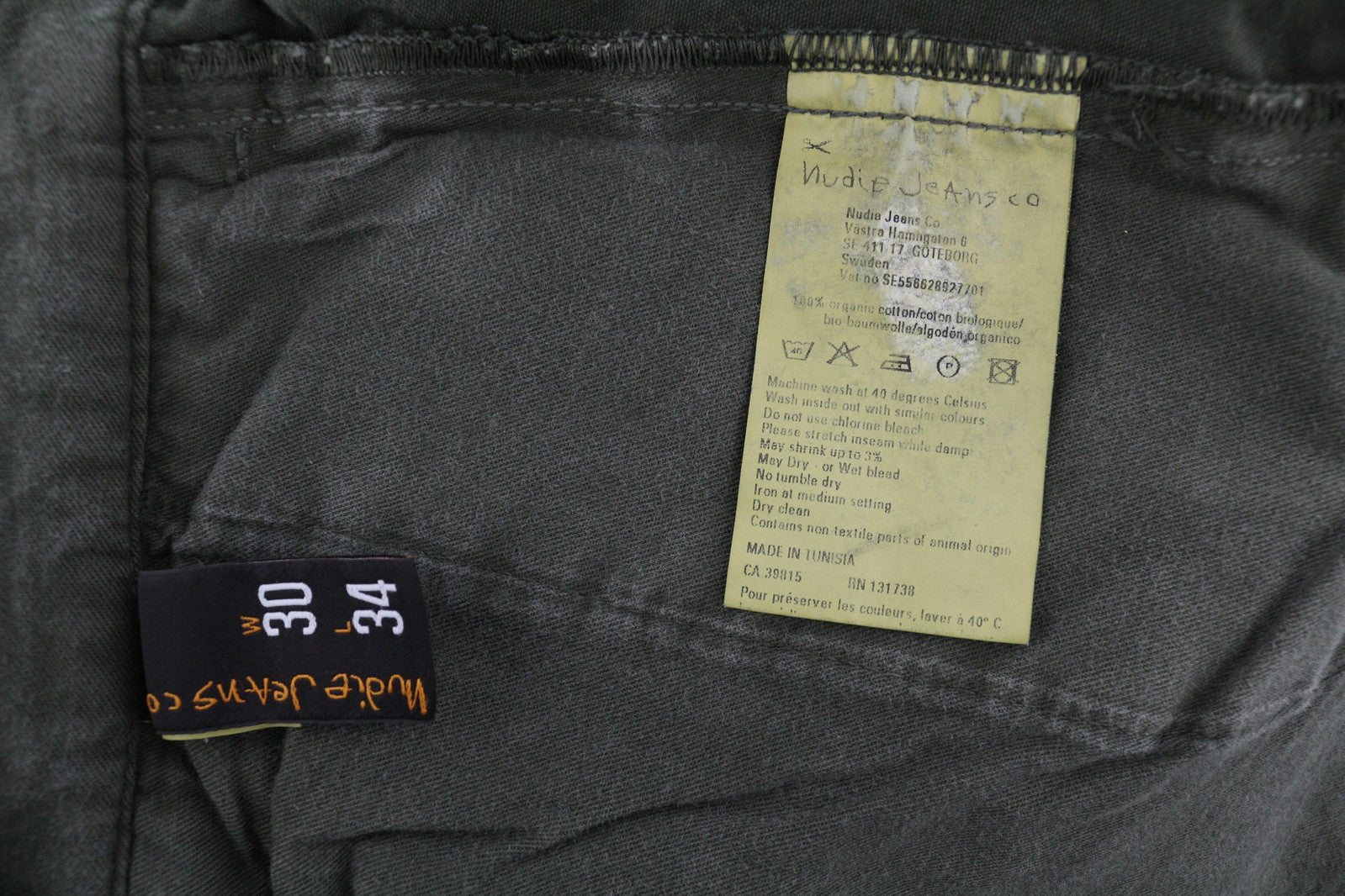 NUDIE JEANS Khaki spalvos įprastos vyriškos kelnės W30/L34 ekologiškų alyvuogių spalvos traškios sagomis užsegamos kelnės 