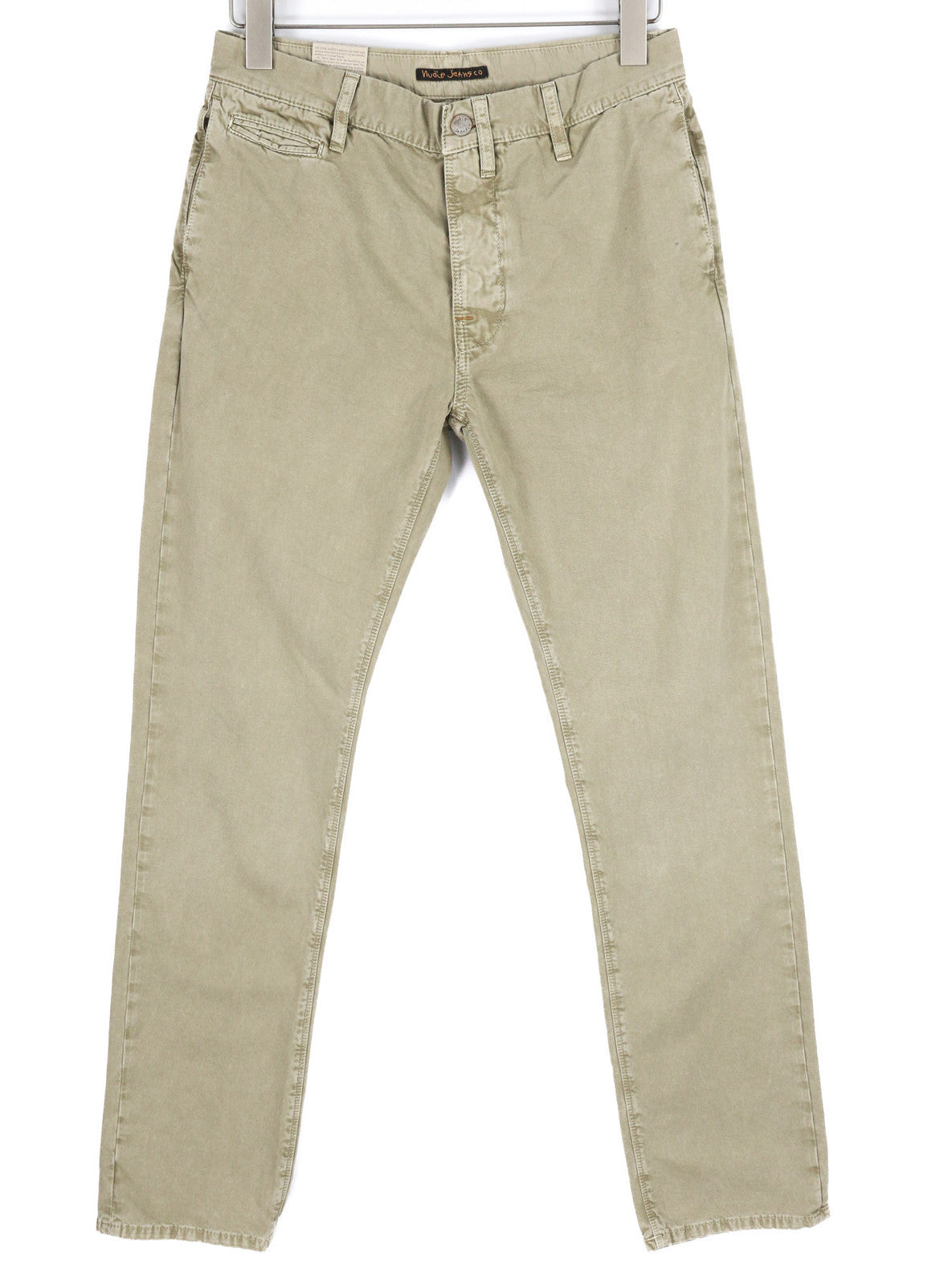 NUDIE JEANS chaki spalvos įprastos vyriškos kelnės W29/L32 smėlio spalvos chino su sagomis ir kišenėmis 