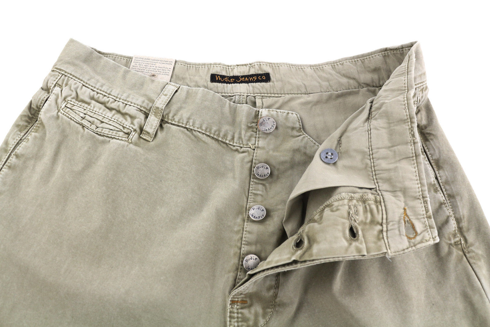 NUDIE JEANS chaki spalvos įprastos vyriškos kelnės W29/L32 smėlio spalvos chino su sagomis ir kišenėmis 