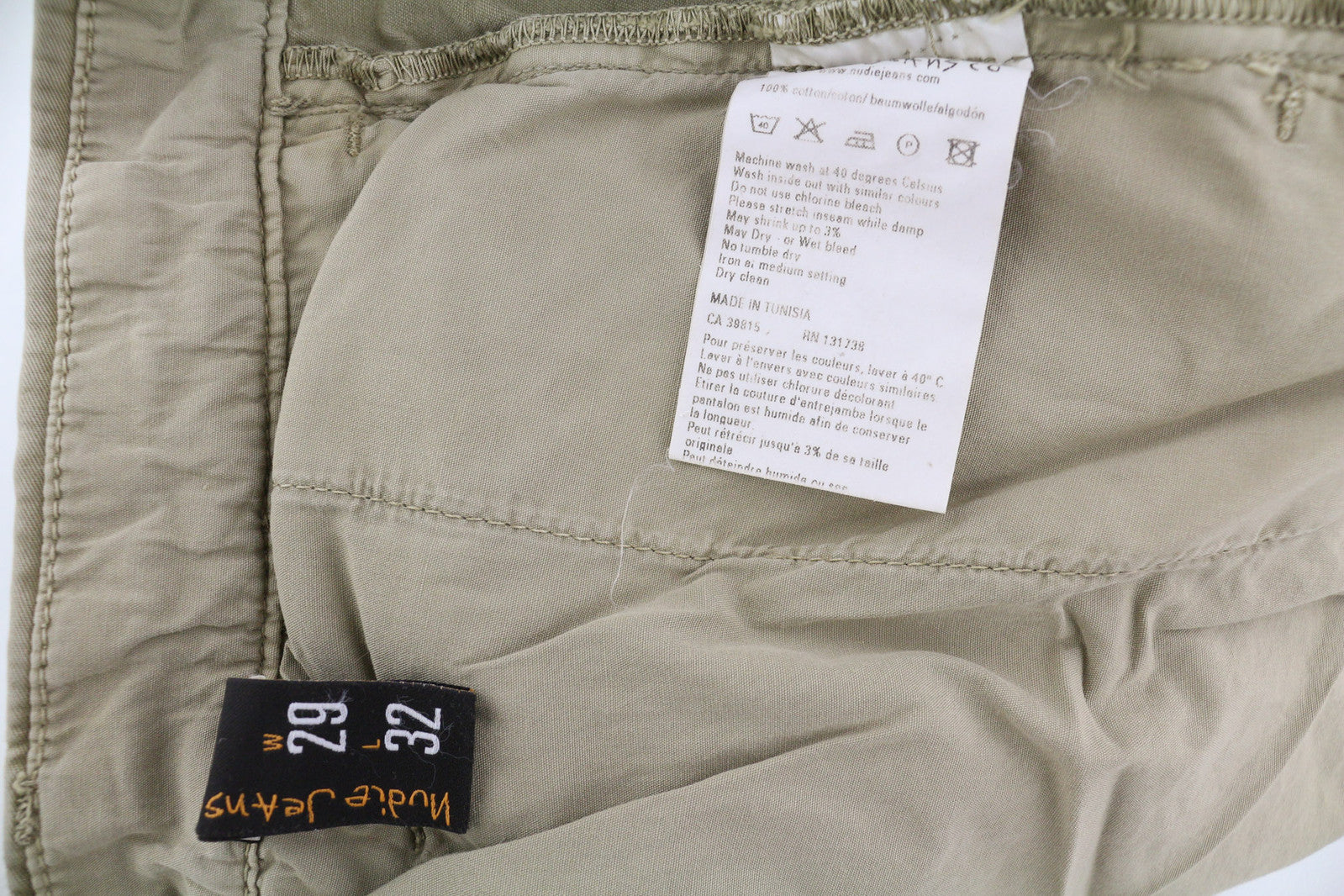 NUDIE JEANS chaki spalvos įprastos vyriškos kelnės W29/L32 smėlio spalvos chino su sagomis ir kišenėmis 