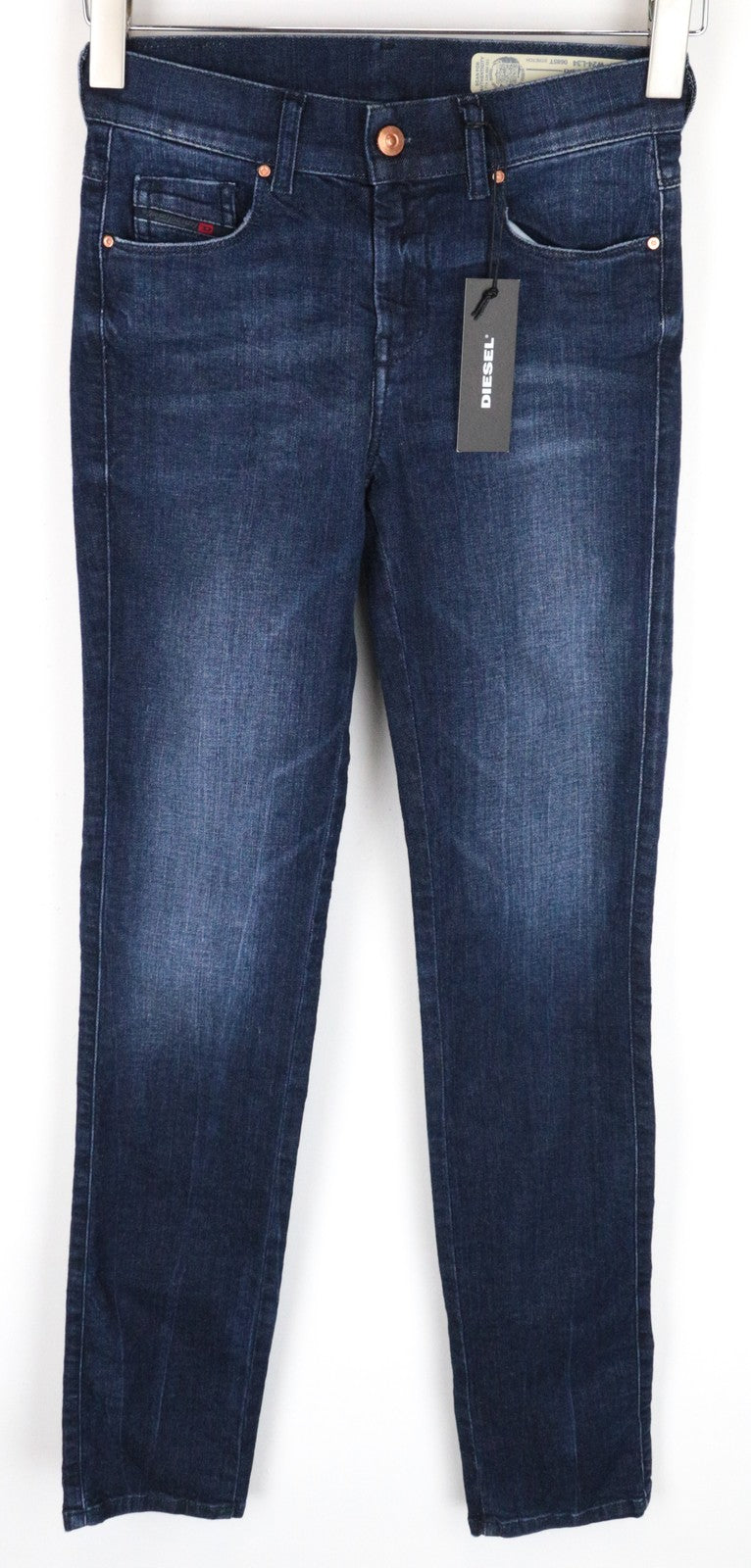 DIESEL Sandy 0685T moteriški džinsai W24/L34 Slim Straight Girls mėlyni, tamprūs medvilniniai džinsai 