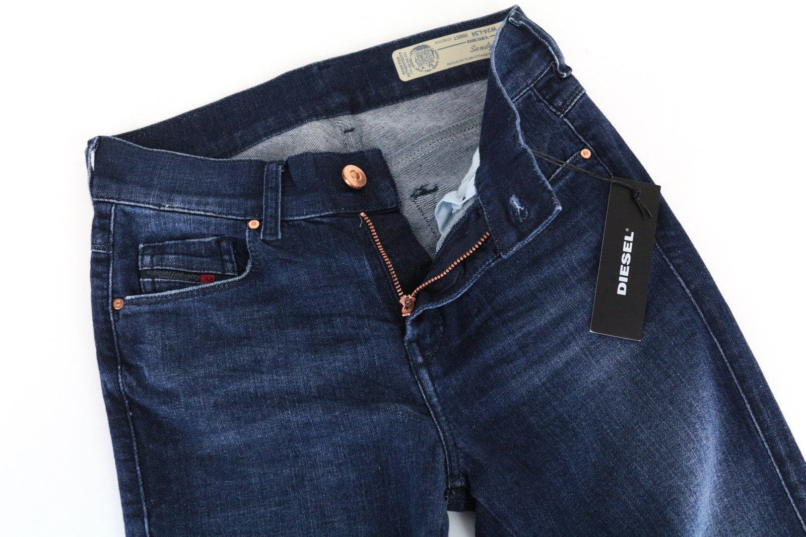 DIESEL Sandy 0685T moteriški džinsai W24/L34 Slim Straight Girls mėlyni, tamprūs medvilniniai džinsai 