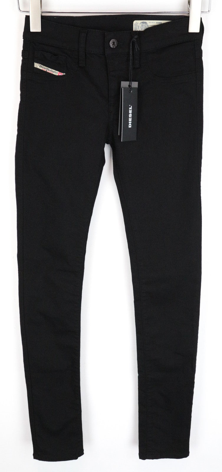 DIESEL Livier R608A moteriški džinsai W25 itin ploni, juodi, tamprūs medvilniniai džinsai 