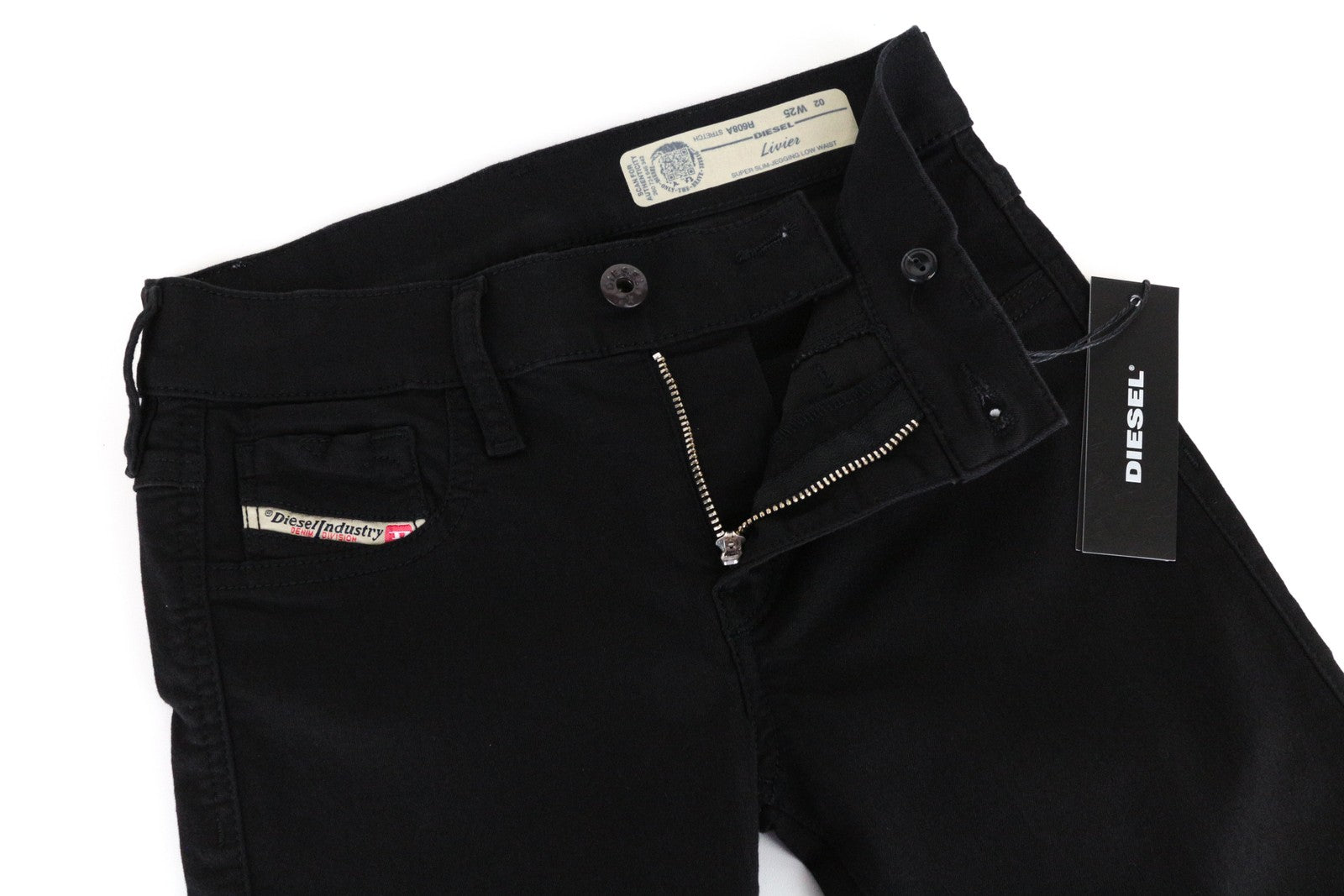 DIESEL Livier R608A moteriški džinsai W25 itin ploni, juodi, tamprūs medvilniniai džinsai 